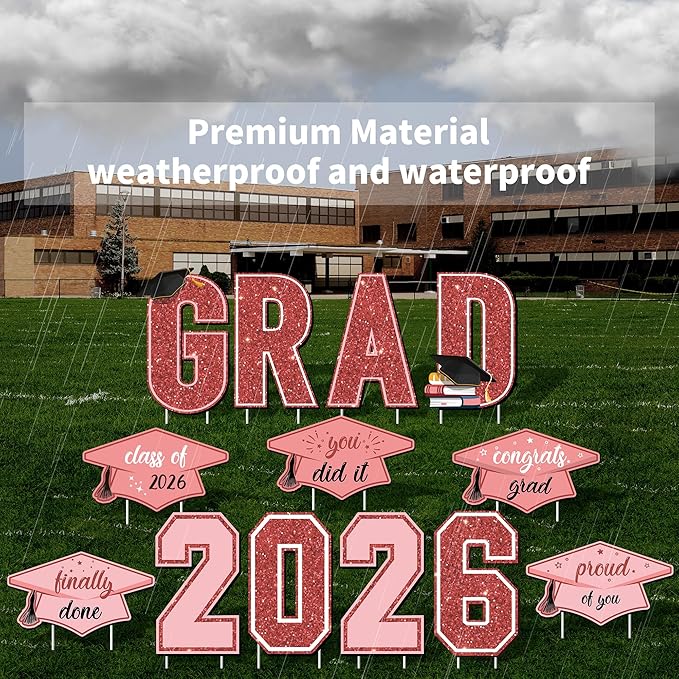 Aneco Waterproof 2026 Grad Yard Signs Plastic Graduation Yard Signs Party Outdoor Lawn Decorations 16 Inches Glitter Congrats Grad Lawn Sign with Stakes for Outdoor Party Garden Decor (Rose Gold)