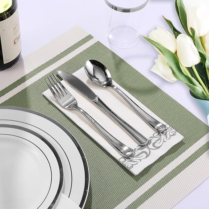 FOCUSLINE 350 Ct Disposable Dinnerware Set for 50 Guests -Heavy Duty Plastic Plates with Silver Rim, Includes 50 Dinner & Salad Plates, Cups, Napkins, Cutlery Set