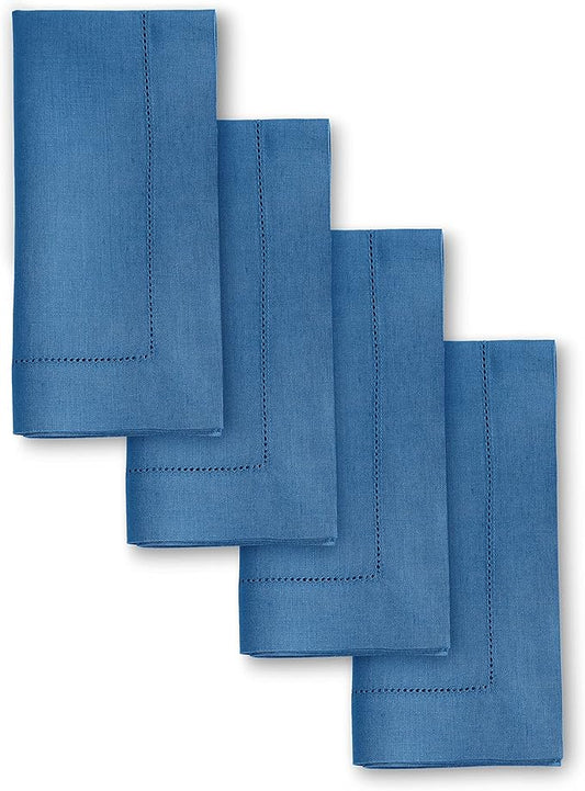 Solino Home Linen Napkins Set of 4 - Classic Hemstitch 100% Pure Linen Indigo Blue Dinner Napkins Cloth 20 x 20 Inch for Spring, Easter - Handcrafted and Machine Washable