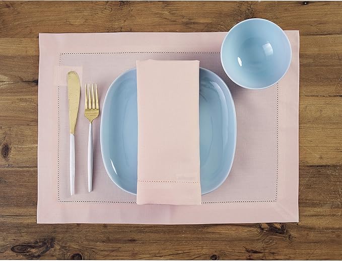 Solino Home Pink Napkins Set of 4 - Cotton Linen Hemstitch Dinner Napkins Cloth 20 x 20 Inch for Valentines, Spring, Easter - Handcrafted and Machine Washable