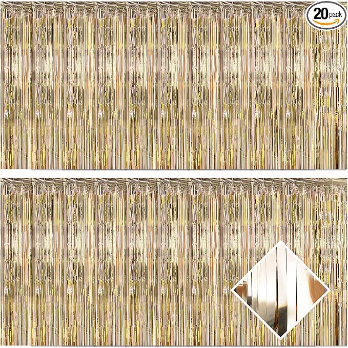 20 Pack Champagne Gold Foil Fringe Curtains 3.2ft x 9.8ft Foil Curtain Backdrop Metallic Tinsel Curtains Streamer Photo Booth Backdrop for Birthday Party Engagement Bachelorette Party Decorations