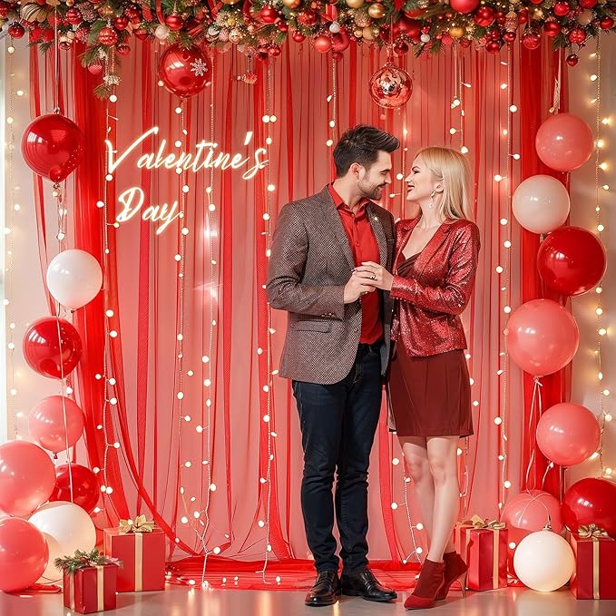 10x10ft Red Tulle Backdrop Curtain with Lights String for Parites, Sheer Photo Backdrop Curtains with Lights for Valentines Wedding Backdrop Ceremony Reception Bridal Baby Shower Birthday Party