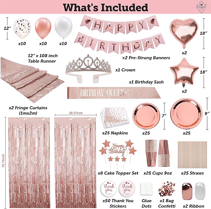 225 PC Rose Gold Birthday Party Decorations Kit for Girls, Teens, Women - Happy Birthday Banner, Curtains, Table Runner, Balloons, Sash, Tiara, Cake Topper, Plates, Cups, Napkins, Straws for 25 Guests