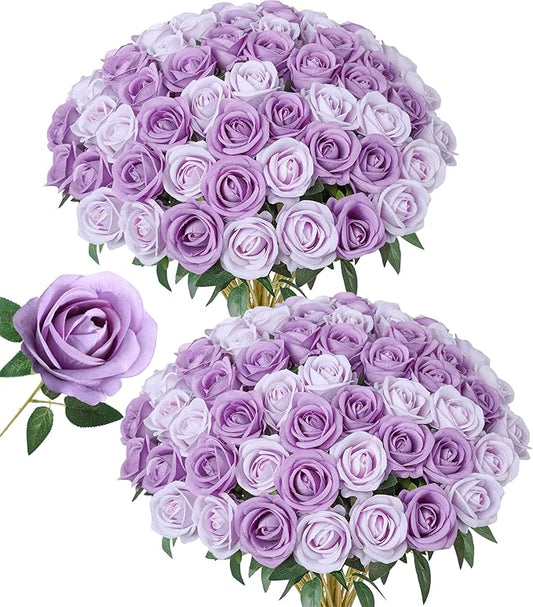 50 PCS Purple Roses Artificial Flowers, Fake Roses with Stem Realistic Silk Roses for DIY Wedding Bouquets Table Centerpieces Arrangements Baby Shower Birthday Home Decor Valentine's Day Gift for Her