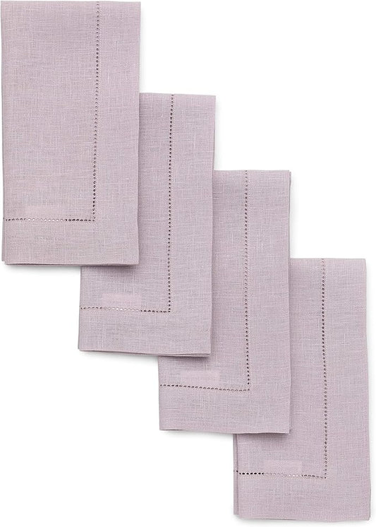 Solino Home Linen Napkins Set of 4 - Classic Hemstitch 100% Pure Linen Lilac Dinner Napkins Cloth 20 x 20 Inch for Valentines, Spring, Easter - Handcrafted and Machine Washable