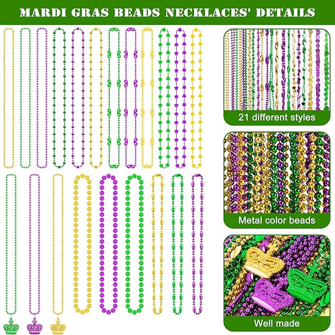 144PCS Mardi Gras Beads Throws, Mardi Gras Green Purple Gold Metallic Beads Necklaces Accessories Bulk, Mardi Gras Beads Necklace Costumes Women Men for Parade Throws Party Decor Favor Supplies