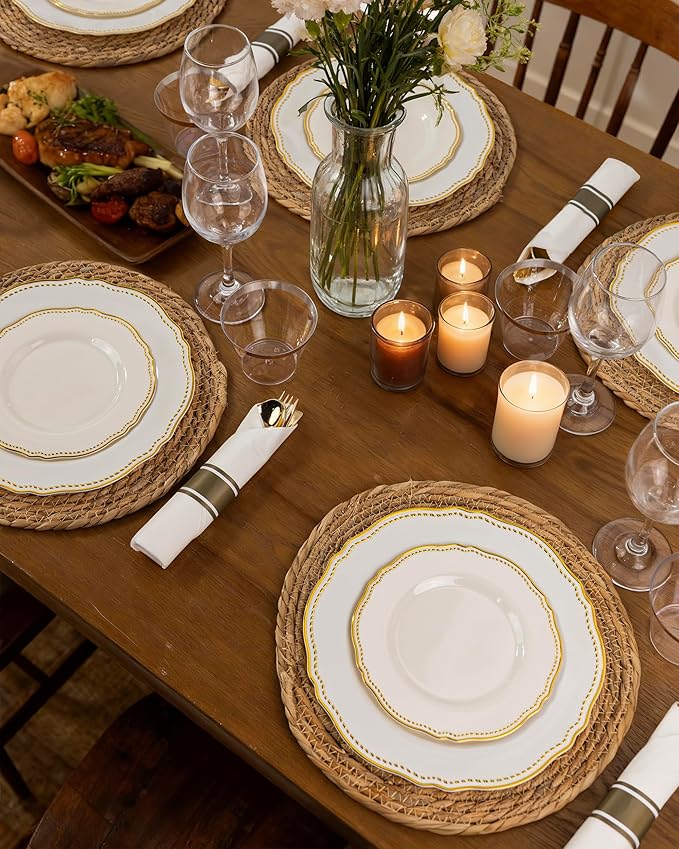 Hioasis 350pcs Ivory Gold Plastic Plates - Gold Plastic Dinnerware Set Includes 50 Dinner Plates, 50 Dessert Dinnerware, 50 Cups, 50 Napkins Perfect for Wedding & Party
