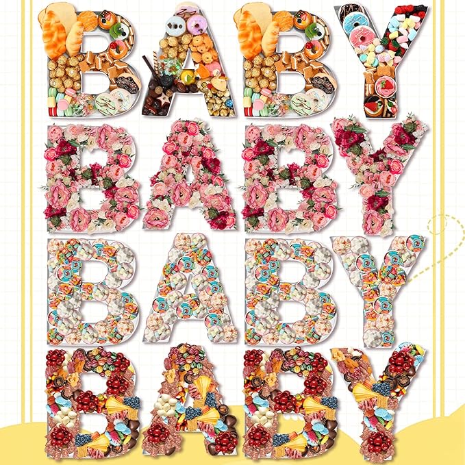 Mifoci 4 Pcs Large Baby Shower Food Trays 13.7" Charcuterie Cardboard Letter Shaped Serving Platter Fillable Boxes for Gender Reveal Baby Shower Party Paper Chocolate Candy Decoration(White)