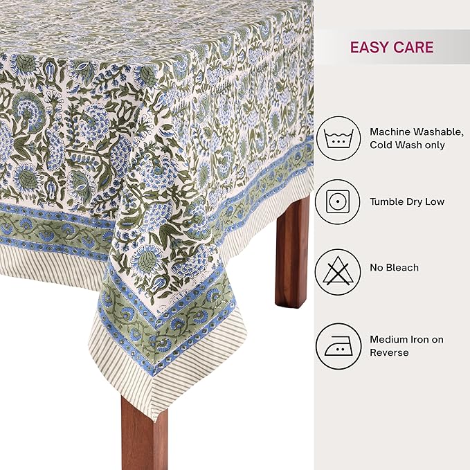 ATOSII Clover Blue 100% Cotton Rectangle Spring Tablecloth, Handblock Floral Linen Table Cloth for Dining Table I Parties Outdoors Fall Christmas Thanksgiving Holidays Decor 72 X 140 Inches, 12 Seater