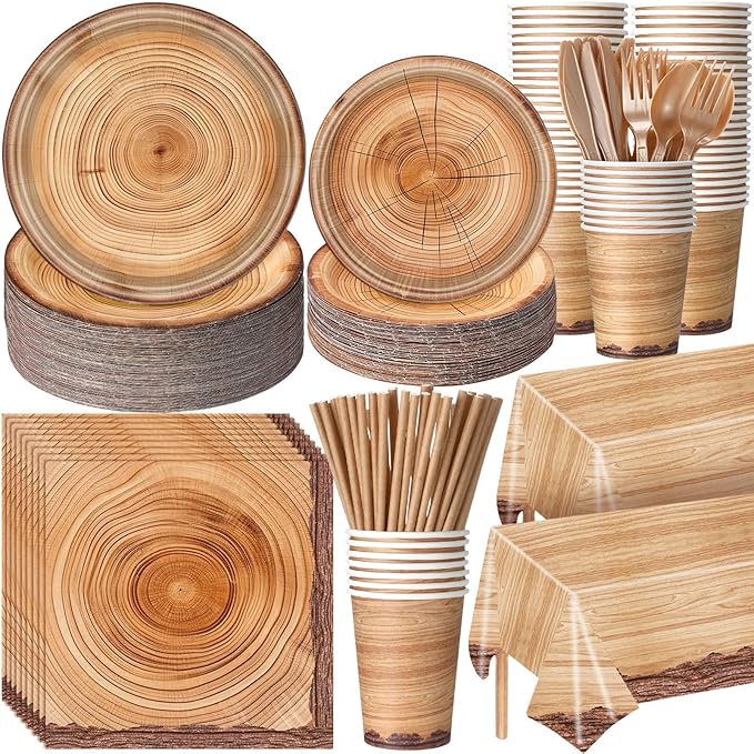 452 Pcs Camping Wood Grain Party Decorations Rustic Wood Disposable Paper Plates Napkins Cups Tablecloth Cutlery Straws for Forest Themed Party Decorations Hunting Birthday Supplies
