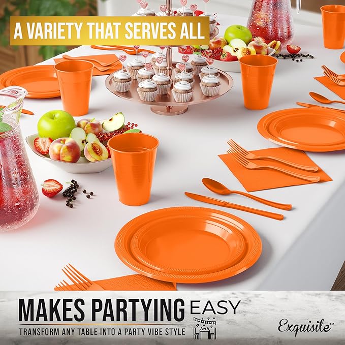 Party Solids 350 Pieces Orange Plastic Plates For Party, Orange Disposable Plates Set, 50 Of Each 9" Dinner Plate Set, 7" Dessert Plate, Cups, Napkins & Cutlery Plastic Dinnerware