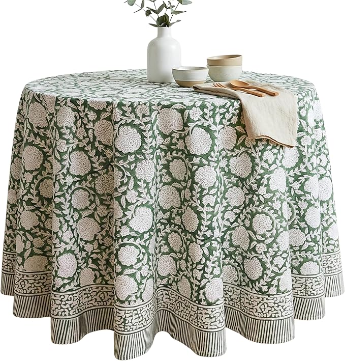 ATOSII Shalimar Green 100% Cotton Round Boho Fall Tablecloth, Handblock Floral Table Cloth Linen for Kitchen Dining I Parties Wedding Outdoors Christmas Thanksgiving I Fall Home Decor 90" Inches Round