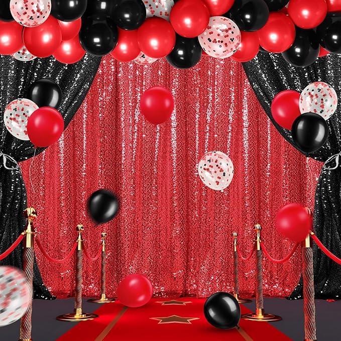 137 Pcs Red Black Party Backdrop Kits, 4 Sequin Backdrop Curtain 133 Balloon Arch Kit Garland Photo Background for Christmas 2026 New Year's Eve Anniversary Birthday Movie Night Decor