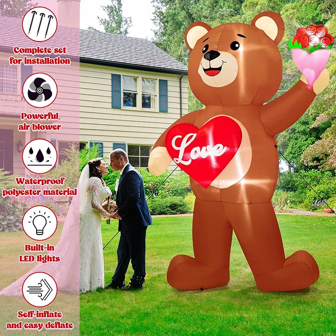 8 FT Valentines Day Inflatables Outdoor, Blow Up Bear Holding Love Heart and and Flowers, Romantic LED Lighted Valentine's Day Inflatables Decorations for Anniversary Wedding Proposal Party Lawn