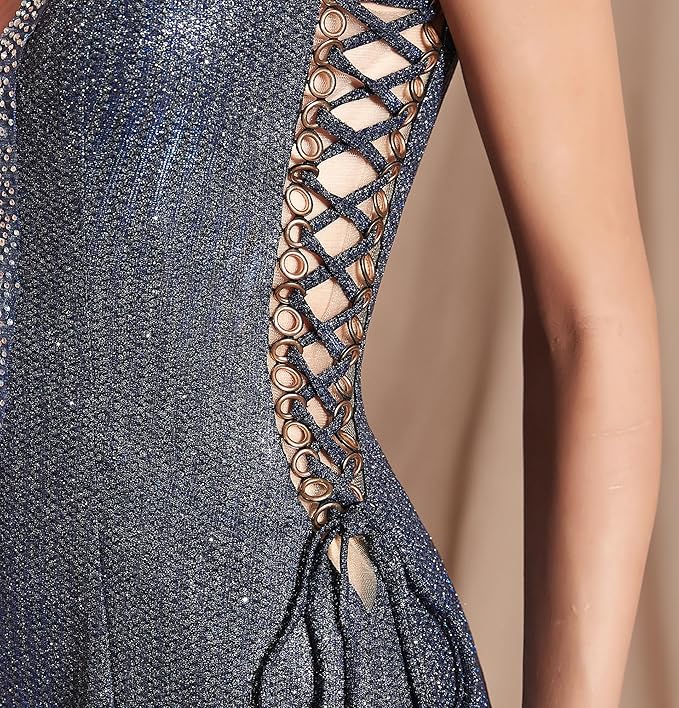 Women's Double V-Neck Sequins Lace-up Mermaid Evening Dress