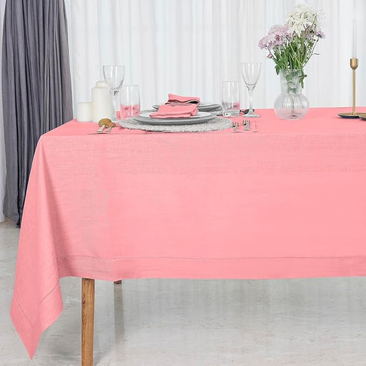 D'Moksha Homes Dusty Pink Linen Tablecloth 60 x 108 Inch - 100% Pure Linen Pink Table Cloth for Rectangle Tables - Classic Hemstitch, Machine Washable Tablecloth for Valentines, Spring, Easter