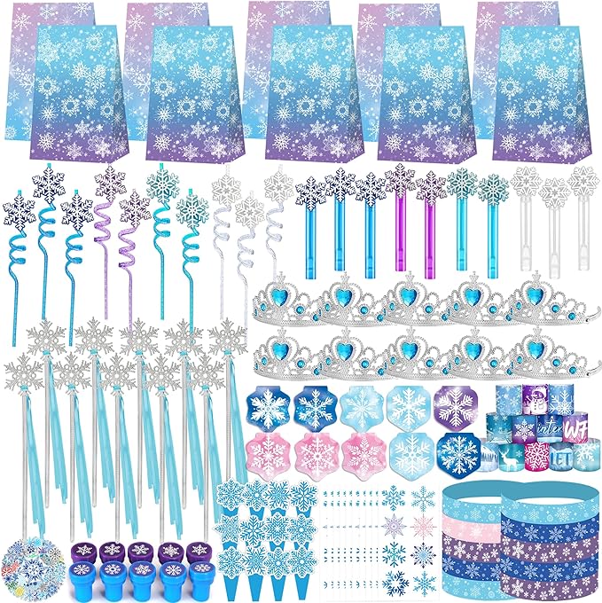 234PCS Frozen Party Favors Supplies Decorations Kit Include Goodies Bags, Straws, Bubble Wands, Crowns, Magic Wands, Notebook, Cake Toppers & More
