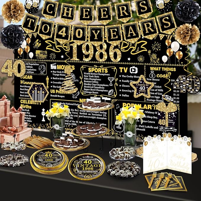 40th Birthday Decorations for Men Women, 106 PCS Back in 1986 Decorations, Vintage 40th Birthday Party Tableware Set for men,Backdrops,Card, Banner, Paper Poms,Hanging Swirl, Tableware for 24 Guests