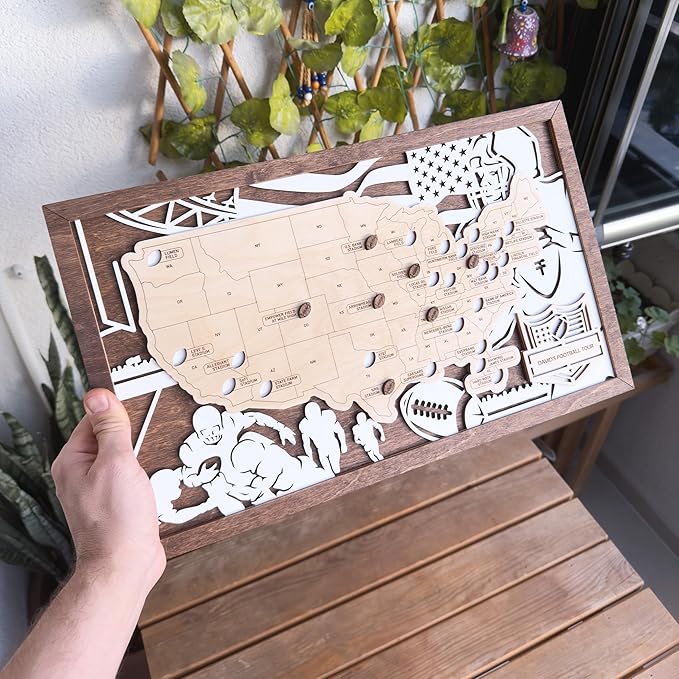 Personalized Wooden American Football Stadium Tracker Map - Football Stadium Bucket List - Custom Travel Map - Handcrafted Wall Art - Unique Gift for Football Fans (With Silhouette)