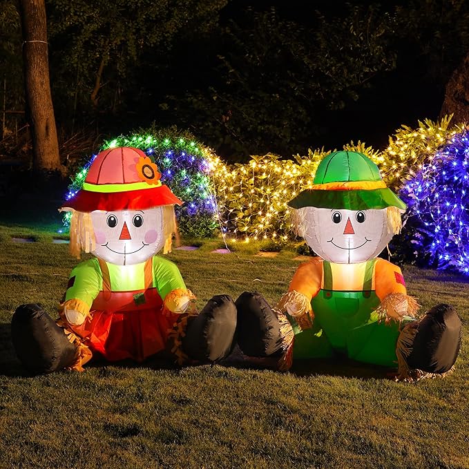 Lulu Home Fall Inflatable Decoration, 3.3FT Air Blown Scarecrow Couples with Built-in LED Lights for Harvest Indoor Outdoor Front Door Yard Lawn Garden Thanksgiving Decor, Set of 2