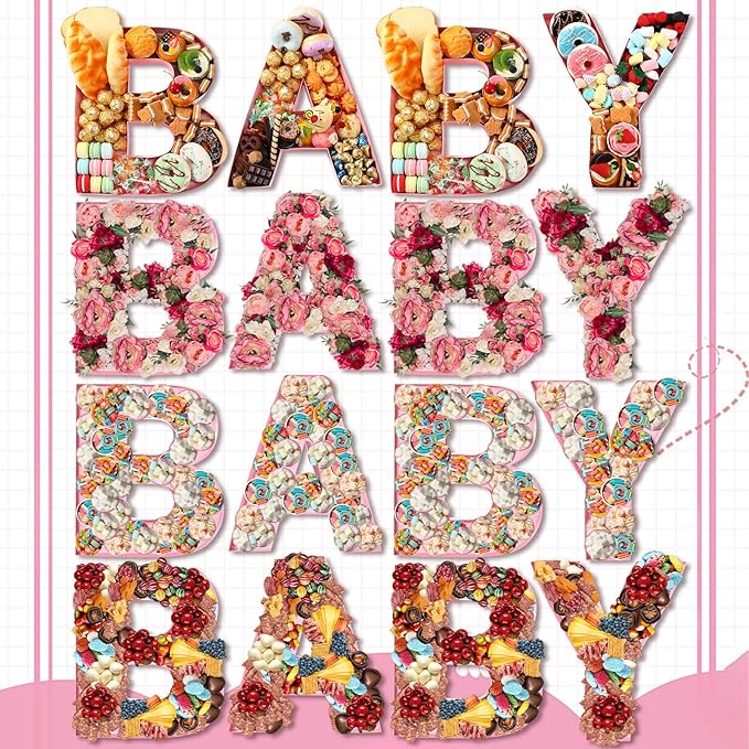 Mifoci 4 Pcs Large Baby Shower Food Trays 13.7" Charcuterie Cardboard Letter Shaped Serving Platter Fillable Boxes for Gender Reveal Baby Shower Party Paper Chocolate Candy Decoration(Light Pink)