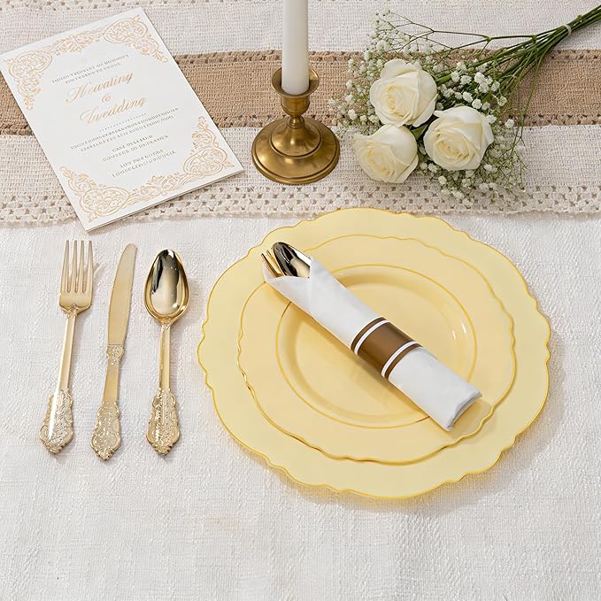 Liacere 350PCS Yellow Plastic Plates - Yellow Disposable Plates With Gold Rim-50Guest Baroque Plastic Dinnerware include 100 Plates,50 Pack Pre Rolled Napkins with Silverware 50Cups for Wedding＆Easte