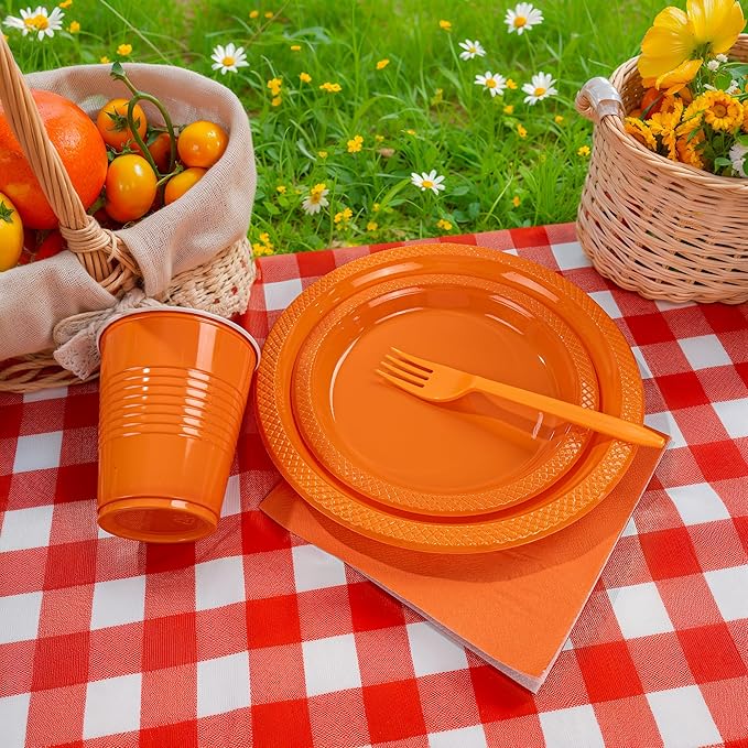 MirthMood 350PCS Orange Plastic Plates,Orange Disposable Plates Set– Plastic Plates Set Includes 50 Dinner,50 Dessert Plate,50 Cup&50 Napkins, 50 Silverware for Wedding & Birthday Parties