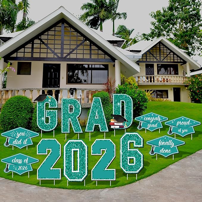 Aneco Waterproof 2026 Grad Yard Signs Plastic Graduation Yard Signs Party Outdoor Lawn Decorations 16 Inches Glitter Congrats Grad Lawn Sign with Stakes for Outdoor Party Garden Decor (Teal)