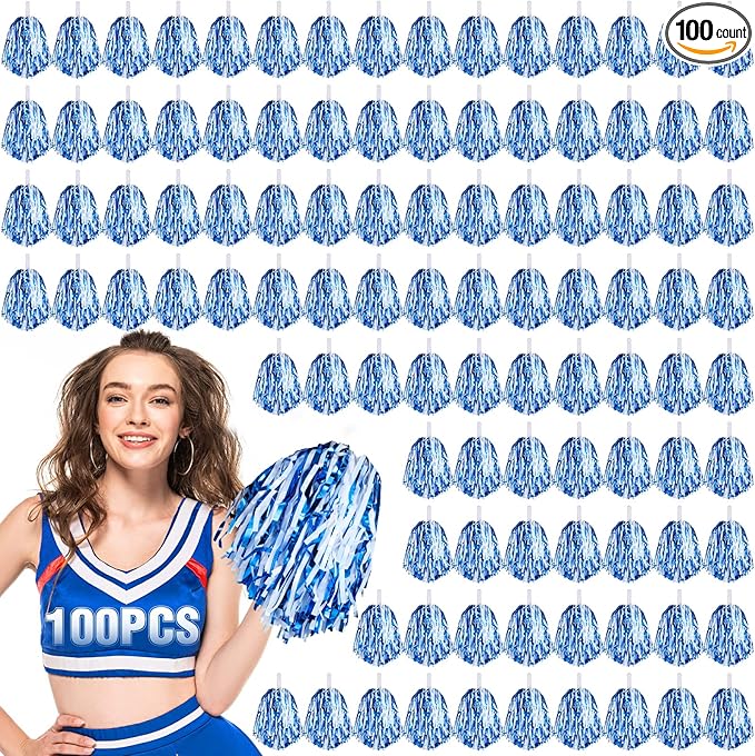 Hanaive 100Pcs Metallic Cheerleading Pom Poms with Baton Handle Cheerleader Pompom Foil 30g Cheering Squad Hand Flowers for Adults Team Spirit Sports Party Cheering