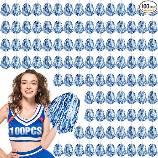 Hanaive 100Pcs Metallic Cheerleading Pom Poms with Baton Handle Cheerleader Pompom Foil 30g Cheering Squad Hand Flowers for Adults Team Spirit Sports Party Cheering