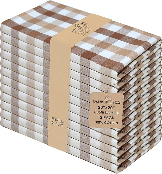 Urban Villa Cotton Dinner Napkins Set of 12, 20x20 Inche Soft Premium Cotton Napkins, Hotel Quality Highly Absorbent, Reusable & Washable Table Dinner Napkins (Taupe/Choco/Ivory, Buffalo Checks)