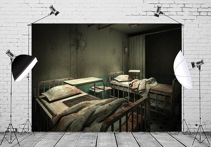 CORFOTO Fabric Creepy Ward Room Hospital Backdrop Spooky Horror Bloody Hospital Interior Background Sickbed Blood Murder Crime Party Decorations Kids Adults Halloween Party Banner Photo Props