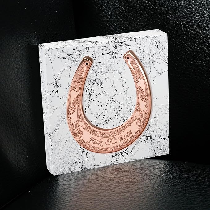 Custom Engraved Copper Horseshoe with Wooden Stand - Personalized Copper Anniversary Decor, Lucky Gift Idea for Couple, Him or Her, Symbol of Strength and Love