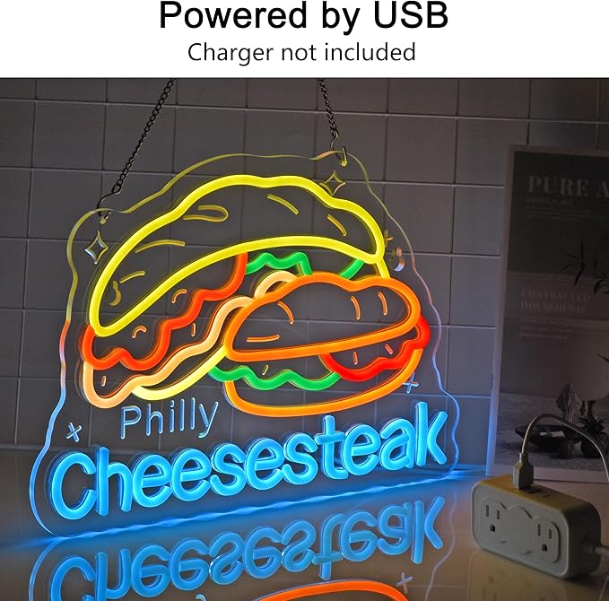 Pilly Cheesesteak Neon Sign, Neon Lights Hanging Wall Art Decoration for Restaurant Shop Deli Food Market Kitchen Home Decor, USB Powered, Ultra Bright & Dimmable, 15.75×11.4 Inches
