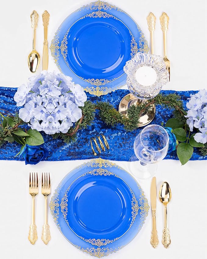 Nervure 350PCS CLear Blue Plastic Plates - Blue Gold Plastic Dinnerware Sets for 50 Guests - 100 Disposable Plates, 150 Silverware, 50 Cups, 50 Napkins for Wedding & Party