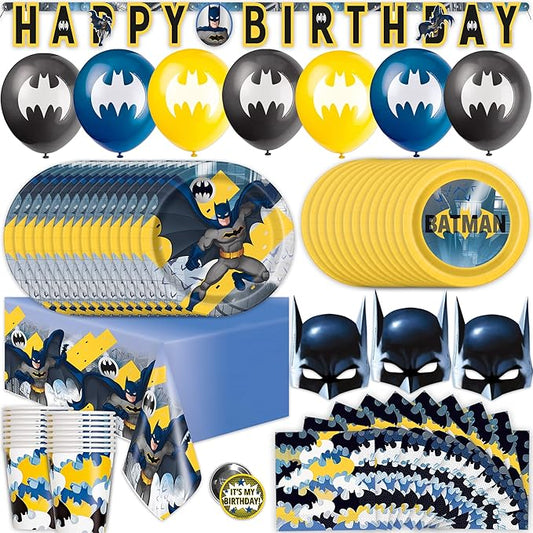 Batman Birthday Decorations and Party Supplies | Serves 16 Guests | Balloons, Banner, Table Cover, Masks, Plates, Cake Plates, Napkins, Cups, Button | Officially Licensed