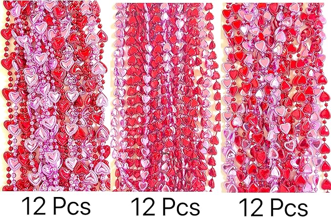 72 Pcs Valentines Day Heart Shaped Bead Necklaces Bulk Bachelorette Red Pink Love Sweet Beads Necklaces Valentine's Party Heart Shaped Decorations Gifts Supplies