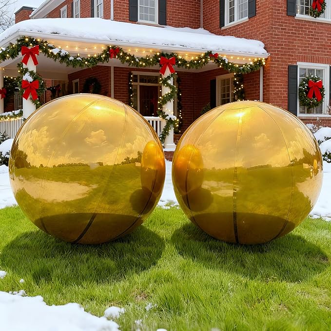 Gold Inflatable Mirror Ball, Big Shinny Mirror Balls Reusable Large PVC Disco Ball Balloon for Large Event Decoration, Party, Concerts, Stage, Wedding Decor, Without Air Pump(2 Pcs, 70.9in)