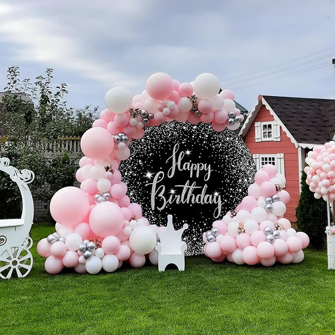 7.2ft Happy Birthday Round Backdrop Cover Black and Silver Birthday Circle Photography Background Glittering Stars Diamonds for Women Man Boys Girls Baby Birthday Party Decoration Photo Props