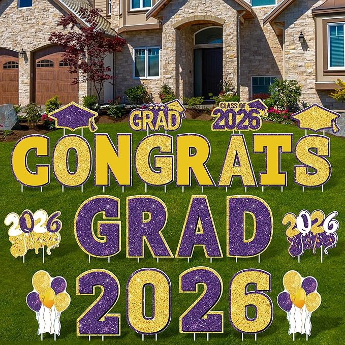ANVAVO 2026 Congrats Grad Yard Signs Graduation Waterproof Decorations Graduation Yard Sign Decorations Grad Party Outdoor Lawn Decor with Stakes, Purple and Gold