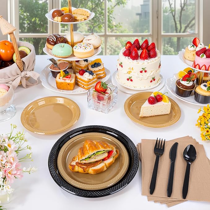 MirthMood 350PCS Black and Gold Plastic Plates,Black Disposable Plates –Plastic Plates Set Includes 50 Dinner,50 Dessert Plate,50 Cup&50 Napkins, 50 Black Silverware for Wedding& Parties