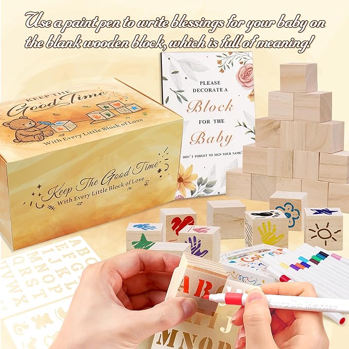 95 PCS Baby Shower Games Sign Kit for Boys Girls, 1 Wooden Game Sign, 52 Blank Wooden Blocks for DIY Drawing, 24 Markers, 18 Stencils, Baby Shower Game for Gender Reveal Activity Decorations