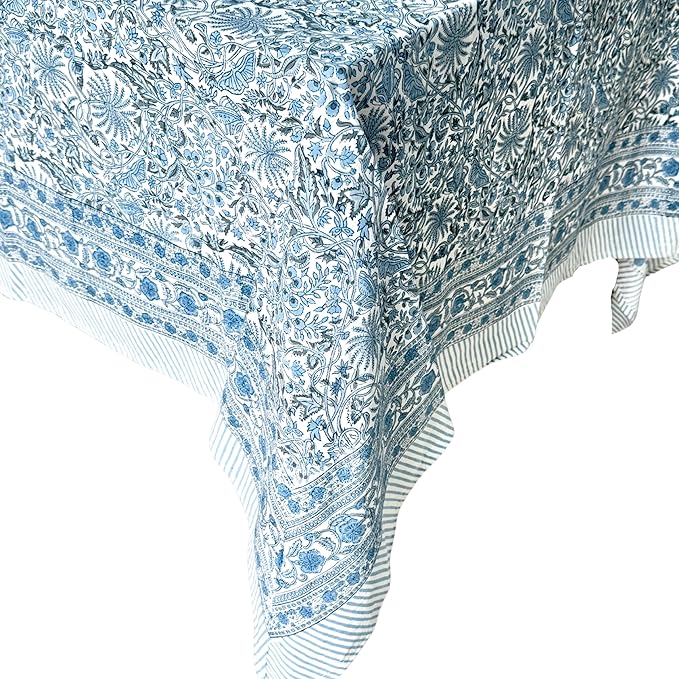 ATOSII Butterfly Blue 100% Cotton Rectangle Boho Fall Tablecloth, Handblock Floral Table Cloth Linen for Kitchen Dining I Parties Wedding Outdoors Christmas Thanksgiving I 72 X 120 Inches I 10 Seater
