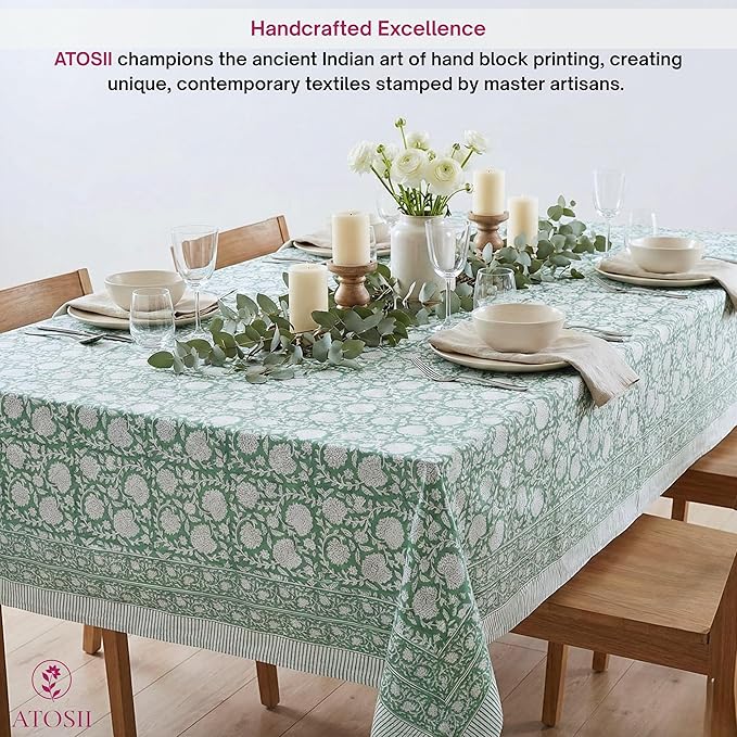 ATOSII Shalimar Green 100% Cotton Spring Summer Tablecloth, Handblock Print Rectangle Table Cover for Dining, Parties, Wedding, Outdoors, Easter Table Cloth I 72 X 140 Inches I 12 Seater