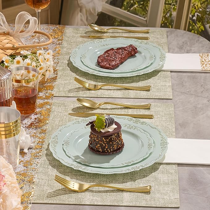 350 PCS Green Disposable Plates, Elegant Dinnerware Set for 50 Guests, 100 Plastic Plates, 150 Silverware, 50 Cups & 50 Paper Napkins, Green