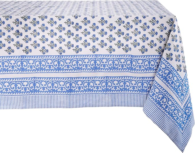 ATOSII Gulbahar Blue 100% Cotton Fall Rectangle Tablecloth, Hand Block Print Washable Table Cover, Christmas Parties Buffet Dining, Weddings, Thanksgiving Easter Home Decor, 60 X 90 Inches 6 Seater