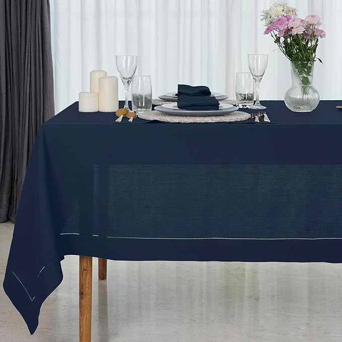 D'Moksha Homes Navy Blue Linen Tablecloth for Rectangle Tables 60 x 90 Inch - 100% Pure Linen Navy Table Cloth - Classic Hemstitch, Machine Washable Tablecloth for Easter