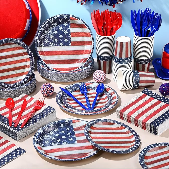 400 Pcs American Flag Patriotic Party Supplies Red White Blue Disposable Paper Plates Napkins and Cups Veterans Election Tableware for Independence 4th of July Labor Memorial Day(Retro)