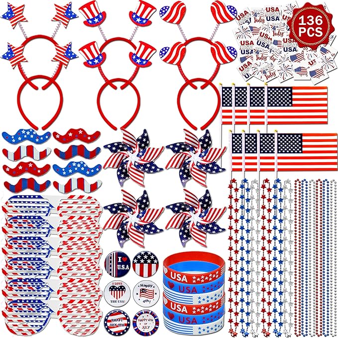 136PCS 4th of July Accessories - Patriotic Party Favors Fourth of July Decoration Supplies Headband Shutter Glasses Tattoo Sticker Necklace Flag American Memorial Independence Day USA Themed