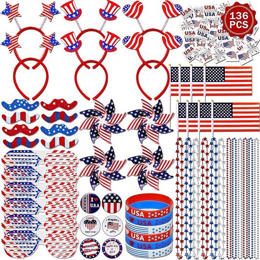 136PCS 4th of July Accessories - Patriotic Party Favors Fourth of July Decoration Supplies Headband Shutter Glasses Tattoo Sticker Necklace Flag American Memorial Independence Day USA Themed